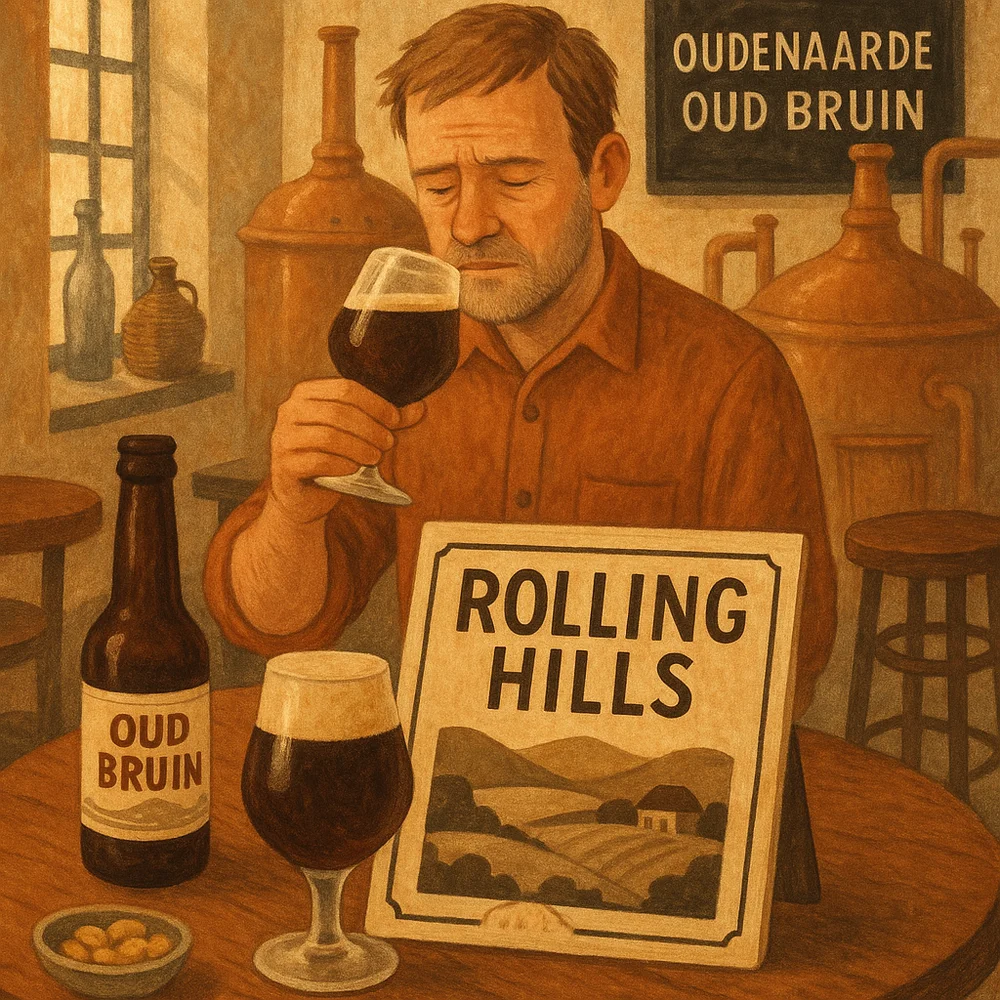 AI-generated illustration of a reddish-brown Belgian beer beside generic brewing equipment, evoking Oudenaarde’s Oud Bruin tradition and Rolling Hills’ contemporary connection to the region.