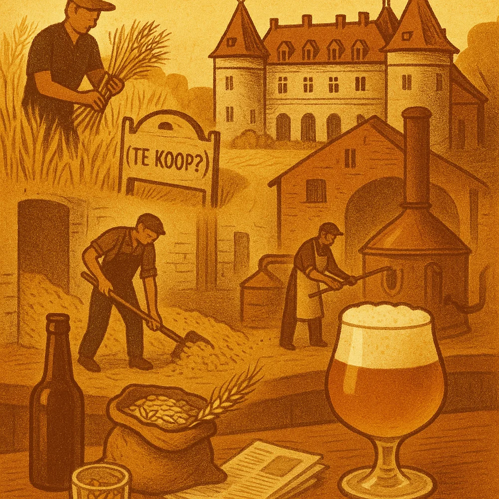 AI-generated editorial illustration of barley grain, malting equipment and a path leading toward a Belgian brewhouse, symbolising the hidden infrastructure behind beer.
