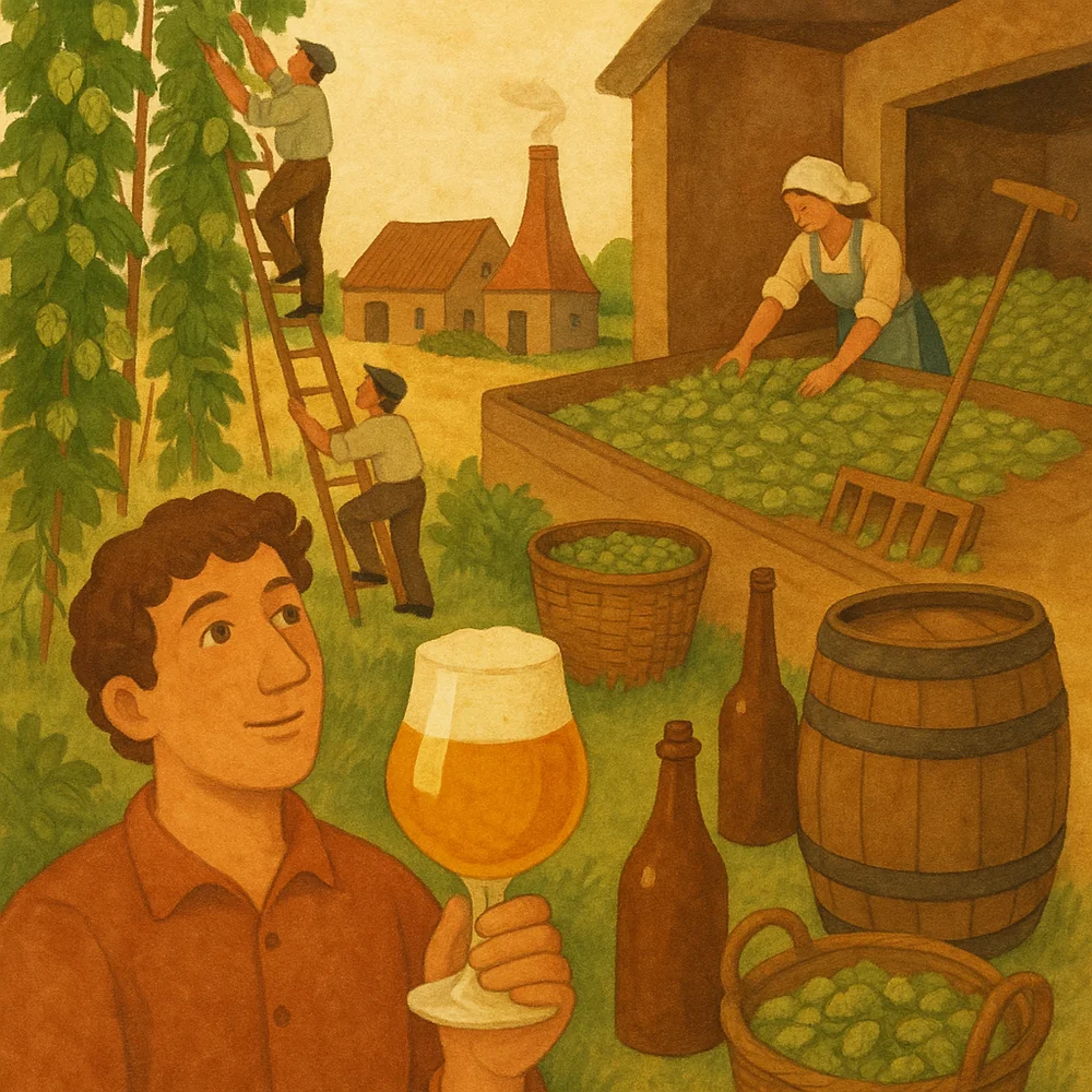 AI-generated illustration of hop fields, drying floors and traditional hop-drying equipment inspired by Poperinge’s hop heritage.